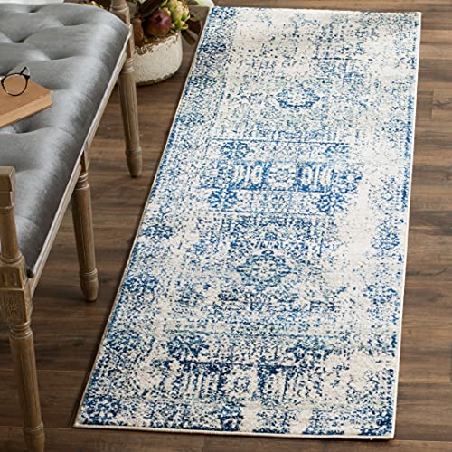 Safavieh Übergangs Teppich für Wohnzimmer, Esszimmer, Schlafzimmer - Evoke Collection, Kurzer Flor, Elfenbein und Blau, 62 X 240 cm von Safavieh