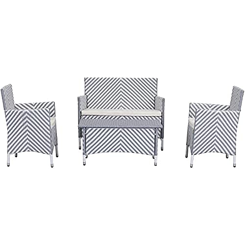 SAFAVIEH Rattan Terrassenset für draußen - Gepolstert - Satz von 4, Grau und Weiß von Safavieh