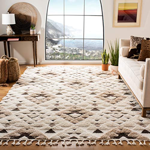 Safavieh Zottelig Teppich für Wohnzimmer, Esszimmer, Schlafzimmer - Moroccan Tassel Shag Collection, Kurzer Flor, Elfenbein und Braun, von Safavieh