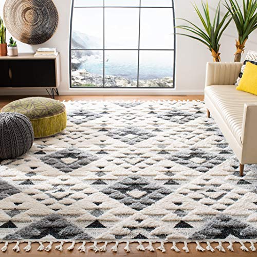 Safavieh Marokkanische Quasten MTS688F Zottelig Teppich für Wohnzimmer, Esszimmer, Schlafzimmer-Moroccan Tassel Shag Collection, Kurzer Flor, Elfenbein und Grau, 91 X 152 cm, Polypropylen (PP) von Safavieh