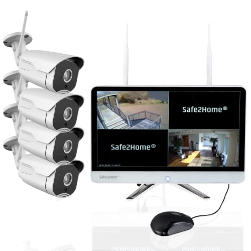 Safe2Home Videoüberwachung Funk Set mit 4X Full HD Cam - Bewegungserkennung/Aufzeichnung/Nachtsicht - Monitor Rekorder Festplatte 1TB - innen/außen Überwachungskamera & Smartphone APP von Safe2Home