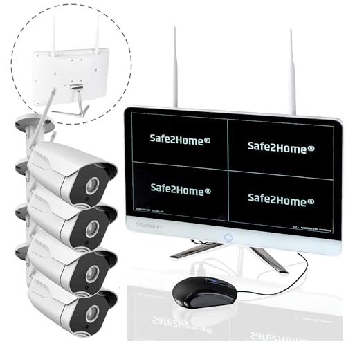 Safe2Home Videoüberwachung Set Funk 1TB 8 Kanal - Rekorder Festplatte 4X Full HD Cam + Monitor - Nachtsicht Überwachungskamera mit Bewegungserkennung und Aufzeichnungkabellos innen außen von Safe2Home