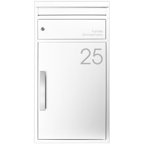 SafePost Paketbriefkasten Weiss personaliert groß Standbriefkasten 65M Paketbox mit Briefkasten massiv Paketkasten XXL wetterfest rostfrei freistehend Paketstation Paketfach geräumig RAL 9010 von SafePost