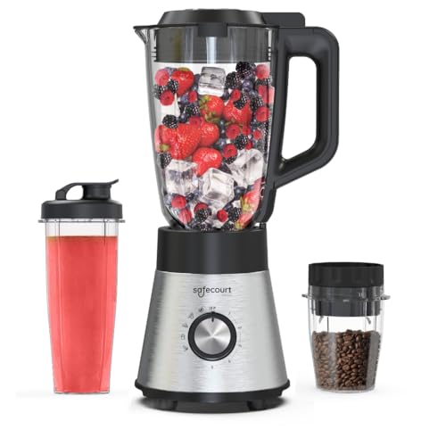 Safecourt standmixer – Kraftvoller Smoothie Maker, Blender & Mixer [1300W & 1,5L Glasbehälter] – für Smoothies, Shakes, Suppen, Dips und mehr [inkl. Sportbecher To-Go + Kaffeemühle] von Safecourt Kitchen