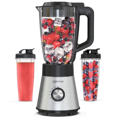 Safecourt Kitchen Standmixer 3-in-1 [1,5L Glasbehälter Mixer & 2x 0.6L Mini Smoothie Maker -To-Go-Trinkflasche] 1300W, Impuls-/Ice-Crush Funktion, BPA frei, Edelstahl Blender von Safecourt Kitchen