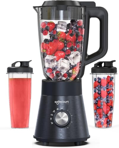 Safecourt Kitchen Power Mixer - 5 automatische Programme - Smoothie Maker - 1300 Watt - Schwarz (Schwarz | 1300w | 1,5 L Glas + 2x To-go Sportbecher) von Safecourt Kitchen