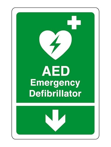 AED Emergency Defibrillator Pfeil nach unten Sicherheitsschild – selbstklebender Aufkleber mit hoher Klebekraft (300 mm x 200 mm) Sichtabstand innerhalb von 7 m. von Safety First Display LTD