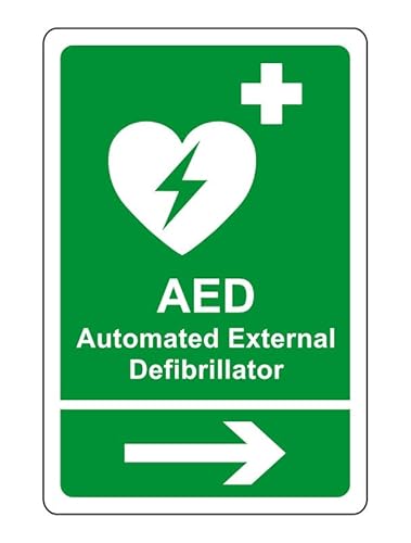 AED-Sicherheitsschild – Automated External Defibrillator Pfeil rechts Notfallschild – selbstklebender Aufkleber mit hoher Klebekraft (150 mm x 100 mm) Sichtabstand innerhalb von 3 m. von Safety First Display LTD