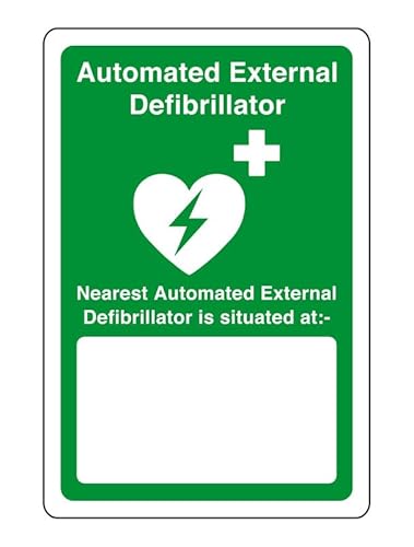 AED-Sicherheitsschild – Automated external defibrillator is situated at emergency sign – High tack selbstklebender Aufkleber (300 mm x 200 mm) Sichtabstand innerhalb von 7 m. von Safety First Display LTD