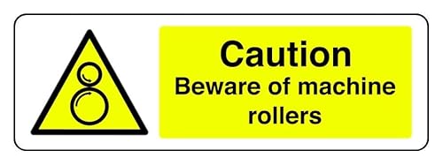 Hinweisschild "Caution Beware Of Machine Rollers", 3 mm Aluminium-Dibond für den Innen- und Außenbereich (600 mm x 200 mm), 7 m Sichtabstand von Safety First Display LTD