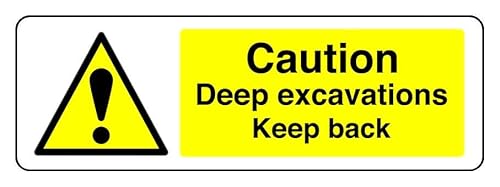 Hinweisschild "Caution Deep Excavations Keep Back", 3 mm Aluminium-Dibond für den Innen- und Außenbereich (600 mm x 200 mm), 7 m Sichtabstand von Safety First Display LTD