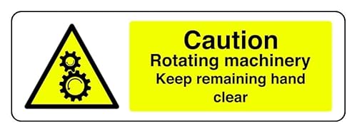 Hinweisschild "Caution Rotating Machinery Keep Remaining Hand Clear", 3 mm Aluminium-Dibond für den Innen- und Außenbereich (600 mm x 200 mm), 7 m Sichtabstand von Safety First Display LTD