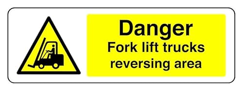 Hinweisschild "Danger Fork Lift Trucks Reversing Area", 3 mm Aluminium-Dibond für den Innen- und Außenbereich (600 mm x 200 mm), 7 m Sichtabstand von Safety First Display LTD