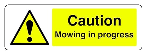 Hinweisschild mit Aufschrift "Caution Mowing In Progress", 3 mm Aluminium-Dibond für den Innen- und Außenbereich (300 mm x 100 mm), 5 m Sichtabstand von Safety First Display LTD