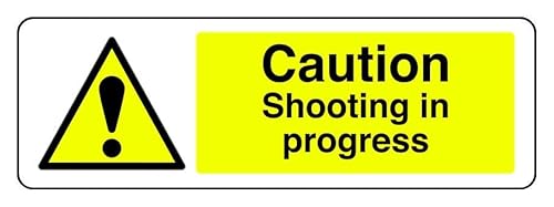 Hinweisschild mit Aufschrift "Caution Shooting In Progress", 3 mm Aluminium-Dibond für den Innen- und Außenbereich (600 mm x 200 mm), 7 m Sichtabstand von Safety First Display LTD
