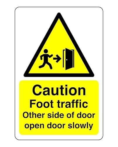 Schild mit Aufschrift "Caution footpath traffic other side of door open door slowly", 3 mm Aluminium-Dibond für den Innen- und Außenbereich (600 mm x 400 mm), 20 m Sichtdistanz. von Safety First Display LTD