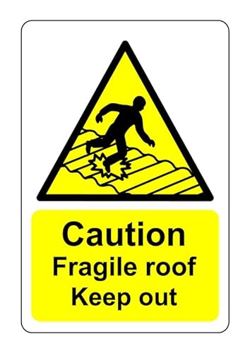 Schild mit Aufschrift "Caution fragile roof keep out", 3 mm Aluminium-Dibond für den Innen- und Außenbereich (600 mm x 400 mm), 20 m Sichtdistanz. von Safety First Display LTD