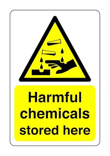 Schild mit Aufschrift "Harmful chemicals stored here" – ätzend, gefährlich, chemisch, schädlich, reizend – selbstklebender Aufkleber mit hoher Klebekraft (200 mm x 150 mm) Sichtabstand innerhalb von 5 von Safety First Display LTD