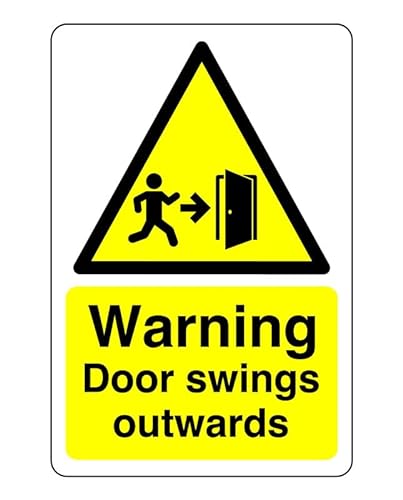 Schild mit Aufschrift "Warning door swings outwards", 3 mm Aluminium-Dibond für den Innen- und Außenbereich (300 mm x 200 mm), 7 m Sichtabstand von Safety First Display LTD