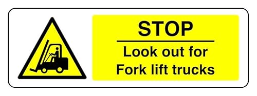 Sicherheitsschild "Stop Look Out For Fork Lift Trucks", 3 mm Aluminium-Dibond für den Innen- und Außenbereich (600 mm x 200 mm), 7 m Sichtabstand von Safety First Display LTD