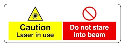 Sicherheitsschild mit Aufschrift "Caution Do Not Stare Laser In Use Into Beam", selbstklebend, 450 mm x 150 mm, Sichtabstand innerhalb von 7 m. Sicherheitsschild mit Aufschrift "Caution Do Not Stare Laser In Use Into Beam", selbstklebend, 450 mm x 150 mm, Sichtabstand innerhalb von 7 m. von Safety First Display LTD