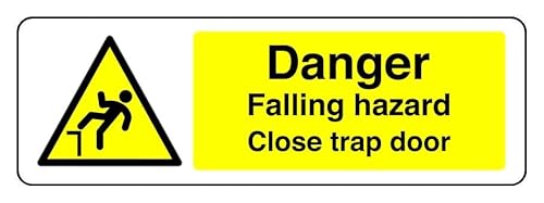 Sicherheitsschild mit Aufschrift "Danger Falling Hazard Close Trap Door", selbstklebend, 150 mm x 50 mm, Sichtabstand innerhalb von 3 m. Sicherheitsschild mit Aufschrift "Danger Falling Hazard Close Trap Door", selbstklebend, 150 mm x 50 mm, Sichtabstand innerhalb von 3 m. von Safety First Display LTD