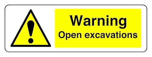 Warnschild "Warning Open Excavations", 3 mm Aluminium-Dibond für den Innen- und Außenbereich (600 mm x 200 mm), 7 m Sichtabstand von Safety First Display LTD