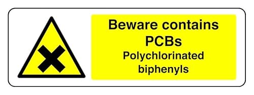 Warnschild mit Aufschrift "Beware Contains Pcbs Polychlorinated Biphenyls", selbstklebende Aufkleber mit hoher Klebekraft (450 mm x 150 mm), Sichtabstand innerhalb von 7 m. von Safety First Display LTD