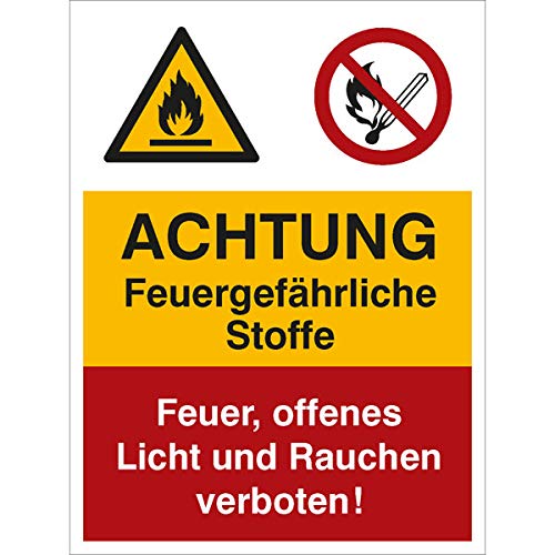 Warn- Verbots- Kombischild Achtung Feuergefährliche Stoffe, Feuer, offenes Licht und Rauchen verboten Größe (BxH): 30,0 x 40,0 cm 1,0 mm Kunststoff (Hart-PVC) von SafetyMarking