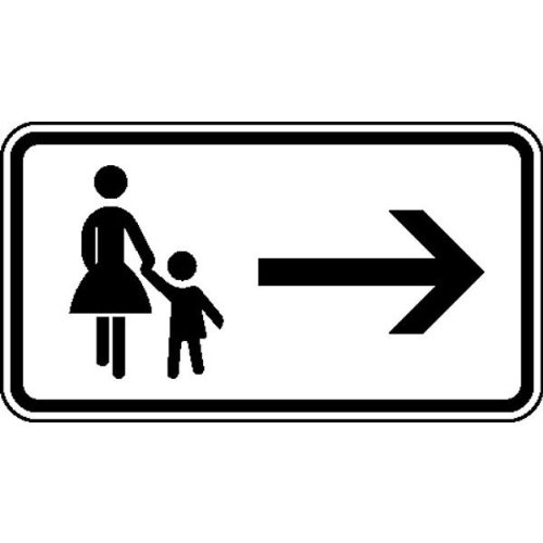 Zusatzzeichen - StVO Fußgänger Gehweg gegenüber benutzen - rechtsweisend Größe (BxH): 42,0 x 23,1 cm Aluminium, Typ1, retroreflektierend ausgerüstet von SafetyMarking