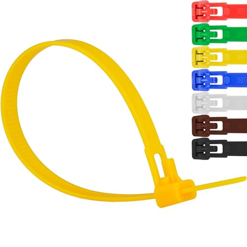 Kabelbinder 7,6mm UV-beständig Polyamid 6.6 wiederlösbar wiederverwendbar wiederverschließbar 100 Stück (Gelb,200mm) von Safetytex