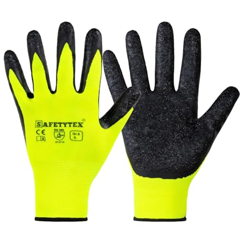 Safetytex 24 Paar Arbeitshandschuhe - Montagehandschuhe mit Latex Beschichtung - neongelbe Handschuhe - Schutzhandschuhe für Haus, Garten, Industrie und Handwerk - Größe 7 von Safetytex