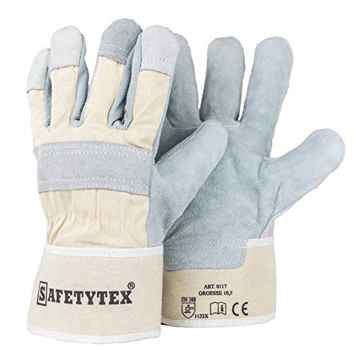 Safetytex Leder Arbeitshandschuhe - Rindspaltleder Handschuhe - Profi Rindspalt Handschuhe mit Canvas Stulpe - Verstärkte Fingerkuppen & Knöchelschutz - Größe 10,5 - Menge wählbar (12 Paar) von Safetytex