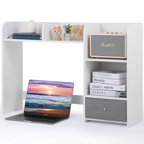 Safona Schreibtischregal mit 4 Offene Ablagefächer und 1 Stoffschublade, Multifunktionaler Tischorganizer, Schminktisch Regal, Tischregal Für Arbeitszimmer, Schlafzimmer, Modern, 92×25×63cm, Weiß Safona Schreibtischregal mit 4 Offene Ablagefächer und 1 Stoffschublade, Multifunktionaler Tischorganizer, Schminktisch Regal, Tischregal Für Arbeitszimmer, Schlafzimmer, Modern, 92×25×63cm, Weiß von Safona