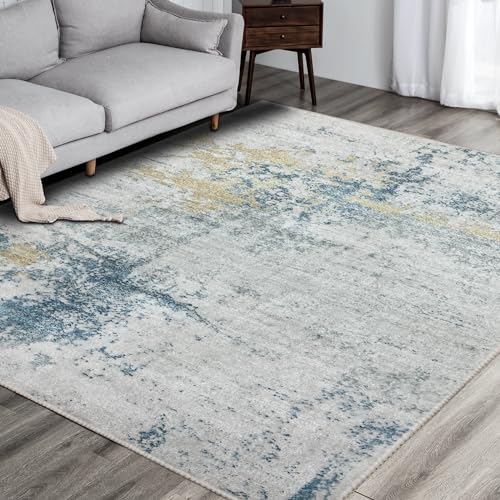 Safunion Teppich Moderne abstrakte Teppiche für Wohnzimmer Schlafzimmer Esszimmer rutschfeste weiche Teppich-Bodenmatte (Abstraktes Grau/Blau/Gold/Mehrfarbig, 200 x 250 cm) von Safunion