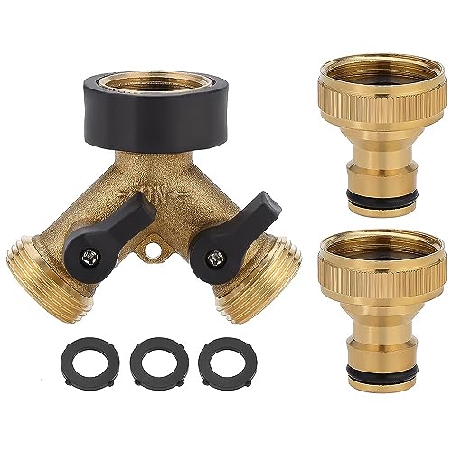 1,9 cm Messing-Verteiler-Wasserhahn-Adapter, 2-Wege-Wasserhahn-Gartenschlauch-Verteiler mit zwei Schnellverbindern, Bewässerungsschlauch-Außenanschlüssen, Zwei-Wege-Messing-Wasserhahn mit von SagaSave