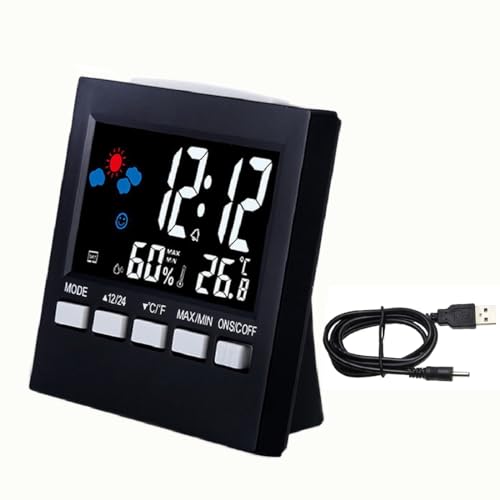 SagaSave Raumthermometer Hygrometer, Digital LCD Display Temperatur Luftfeuchtigkeit Monitor mit Wecker, Wettervorhersage und USB Draht, Multifunktionale Digitaluhr für Zuhause und Büro von SagaSave