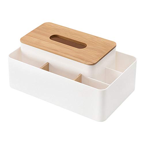 SagaSave Weiß Multifunktionale Tissue-Box aus Holz mit abnehmbarem Holzdeckel und Mehreren Fächern, Bambus-Halter, rechteckiger Spender für Küche, Esszimmer und Schlafzimmer von SagaSave