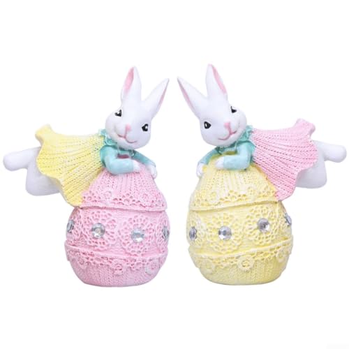 2 Stück niedliche Oster-Hasen-Ornamente aus Harz, mit Box, Frühlings-Hasen-Dekor-Geschenke, handgefertigte Harz-Figuren, bunte und charmante Party-Requisiten für Zuhause und Feiertage (rosa gelb) von SageFurned