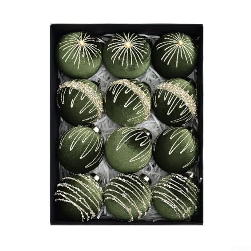 Weihnachtsbaumkugel-Ornamente, 8,9 cm, beflockte Samt-Dekokugeln, Feiertagsdekor-Set, mehrfarbig, Olivgrün, 12 Stück Weihnachtsbaumkugel-Ornamente, 8,9 cm, beflockte Samt-Dekokugeln, Feiertagsdekor-Set, mehrfarbig, Olivgrün, 12 Stück von SageFurned