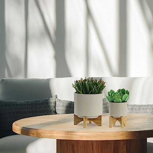 Sagebrook Home Set mit 2 Keramik-Pflanzgefäßen – 12,7 cm & 20,3 cm zeitgenössische matte beige Pflanzgefäße auf Bambusständer – schlichtes Design für Innen- oder Außenpflanzen, Sukkulenten von Sagebrook Home