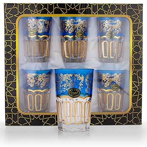 6 Premium Orientalische Marokkanische Teegläser Gold Blau, 6er Set Glastassen zum Servieren und Trinken, Glasbecher, Gläserset, Kaffeegläser, Trinkgläser geeignet für Heiß- oder Kaltgetränke von Saharashop