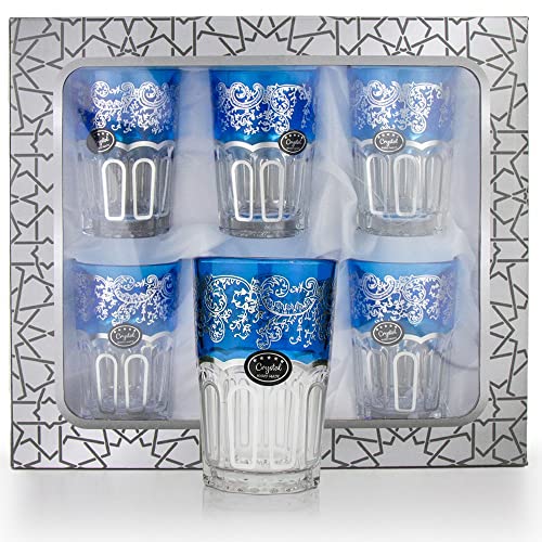 6 Premium Orientalische Marokkanische Teegläser Silber Blau, 6er Set Glastassen Caygläser, Ataygläser, Glasbecher, Gläserset, Trinkgläser geeignet für Heiß- oder Kaltgetränke von Saharashop