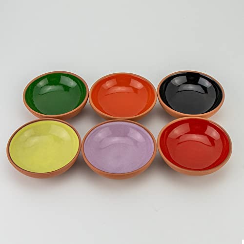 6 Snackschalen, Dipschalen, Saucenschalen, Fingerfood aus Ton aussen Terracotta Farbe innen glasiert in schönen verschieden Farben von Saharashop