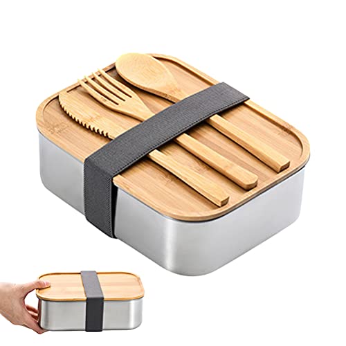 Sahgsa Bento-Lunchbox aus Edelstahl, Metallbehälter, Holzdeckel mit 3-teiligem Besteckset, Lunchbox Erwachsene und Sahgsa Bento-Lunchbox aus Edelstahl, Metallbehälter, Holzdeckel mit 3-teiligem Besteckset, Lunchbox Erwachsene und von Sahgsa