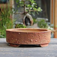 Handgemachter Bonsaitopf Oval Niedrig Shohin Roter Strukturierter Unglasierter Ton Kleine Keramik Sukkulenten Pflanzer von Sahici