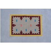 2x3 Kleine Größe Bunter Baumwollteppich, Gelber Rand Schöner Handgewebter 6090 cm Teppich von SahjadCarpets