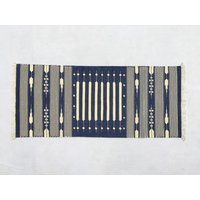 2x5 Baumwolle Blau Weiß Streifen Handgewebter Läufer Teppich von SahjadCarpets