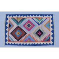 3x5 Baumwolle Handgewebt Blau Rand Bunt Dhurrie Teppich - Teppich Design von SahjadCarpets