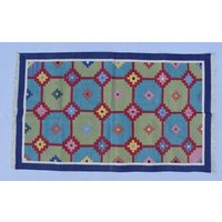 3x5 Baumwolle Handgewebt Blau Rand Bunt Dhurrie Teppich - Teppich Design von SahjadCarpets